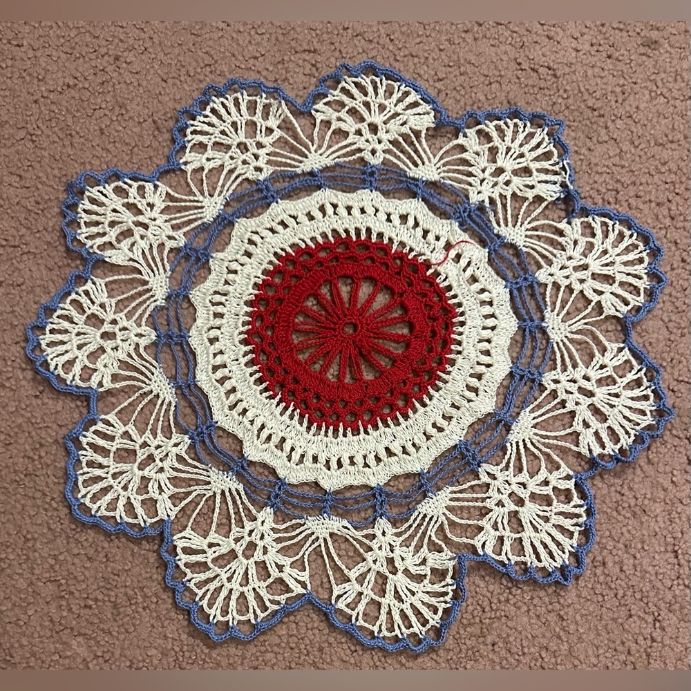 VTG HAND CROCHETED DOILY 15.5” White Red Periwinkle Vintage Handmade